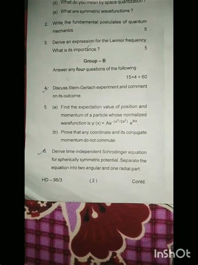 # MJ -12 physics (Quantum mechanics and applications) questions paper.[B.Sc sem 6]