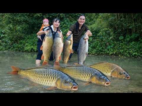 Catching giant carp in an abandoned pond - How to make smoked fish and survive in the forest