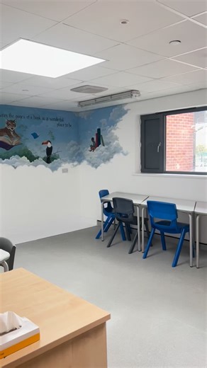 School library mural. Had so much fun creating and painting this mural for a new school library they are creating. The lower part of the wall will be for book shelves. I’ve hidden some things in the clouds. How many can you see? #schoollibrary #librarymural #muralartist #tgv #tadpolefarmceprimaryacademy | Julie Jones - Artist & Muralist