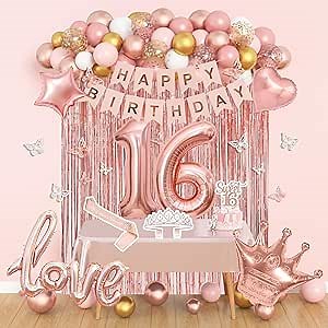 Amandir Sweet 16 Party Decorations, 16th Birthday Decorations for Girls Rose Gold Pink Foil Number Balloons Table Cloth Crown Sash Fringe Curtains Happy Birthday Banner Butterfly Party Supplies