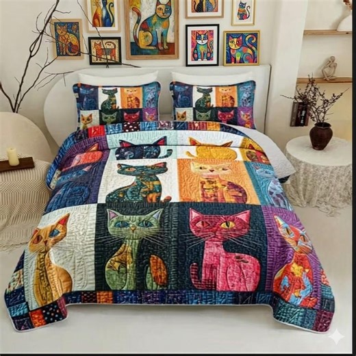 Boho Patchwork Cat Quilt Bedding Set With Pillowcases Gift for Cat Lovers - Etsy UK