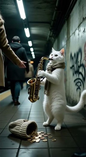 White Cat Playing Saxophone | Street Music in Underground Passage #cat