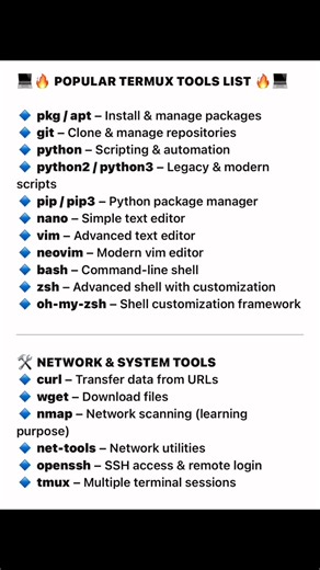 POPULAR TERMUX TOOLS LIST #GitHubCopilot #trendingpostchallenge #termuxandroid #trendingreels #viralreels #viralreelschallenge2025viralreelschallengejaiviralreelschallengeviralreelschallengechallenge #viralvideochallenge #fbreels #termux #StreetStyleInspo #streetstyle #coding #Metasploit #tiktok #thankyouforyoursupport #kalilinux #TopFans #github #growth #python #coding #TopFans #topfanspシ゚vir @termux c Termux commands @ | Termux commands
