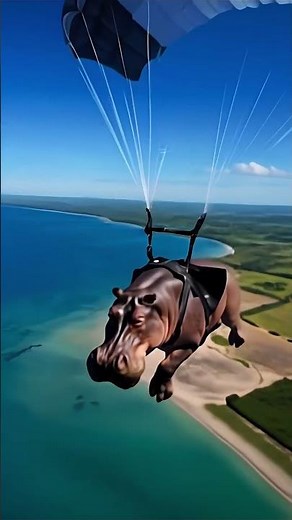 "Hippo Takes Flight!🦛✈️ Watch a Skydiving Hippo Glide Over a Stunning Coastal Landscape!"#surrealart