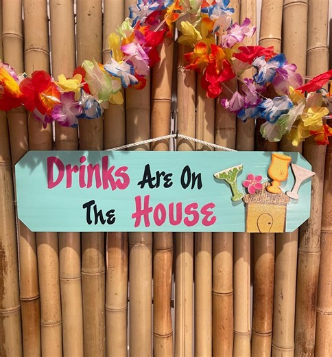 Tiki Bar Sign – Drinks on the House – Hand Painted Wood Decor. - Etsy