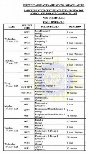 Actual 2025 BECE Timetable #bece2025 #becetimetable #june #newtimetable #becemock