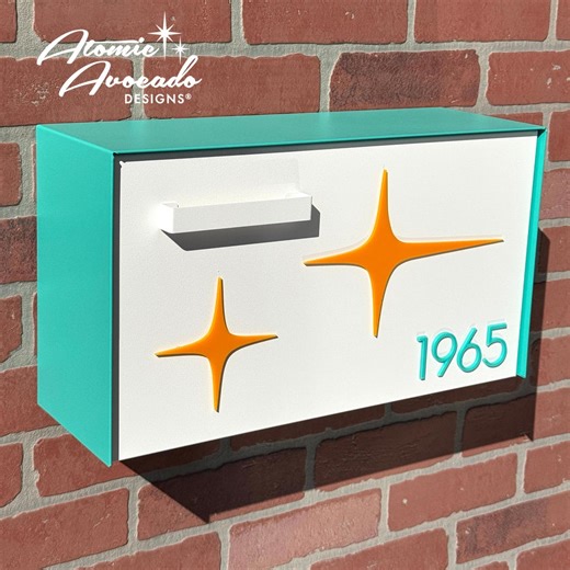 Mid Century Modern Steel Mailbox | Retro Aqua | Wall-mounted Steel Mail Box | Space Age Starbursts - Etsy
