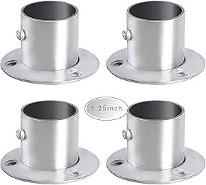 4 Pack Stainless Steel Closet Rod Brackets, 1-1/4 Inch Heavy Duty Closet Rod Holders, High Flange Closet Pole Sockets Flange Rod End Support with Adjustable Screws, Silver