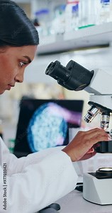 Student, microscope and science lab for medical research, viral specimen and pharmaceutical in medicine. Scientist, equipment and tech for innovation in healthcare, pathology or chemistry with study