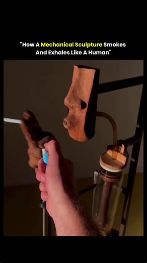 Smart ideas. Knowlegde matrix. Real facts. on Instagram: "This video shows a kinetic mechanical sculpture designed to imitate a human smoking habit using pure mechanics. A small electric motor at the base rotates a gear system, which transfers motion through rods, cams, and linkages. These parts convert circular motion into precise linear movements, allowing the mechanical hand to lift, position, and lower a cigarette in a repeating cycle. The vertical chamber acts like artificial lungs, releasi