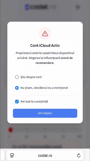 Vrei să cumperi un telefon nou sau la mâna a doua? Verifică-l acum pe Codat.ro și află dacă nu e blocat, furat, restricționat sau dacă are garanție. O singură verificare înainte de achiziție te poate scăpa de probleme și te ajută să faci o alegere sigură. 👉 Intră chiar acum pe codat.ro și vezi dacă telefonul merită cumpărat! #Codat #VerificareTelefon #VerificareIMEI #CumpărăSigur | Codat.ro