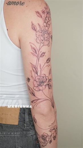 Carry spring with you. Forever. 🌿🖤 Fine line floral sleeve by @Marianna D D King 📍 Iris Tattoo Nashville Ready to bloom? Book your appointment through the link in bio 🌸 #nashvilletattoo #tattoonashville #finelinetattoo #floraltattoo