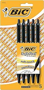 BIC Soft Feel Black Retractable Ballpoint Pens, Medium Point (1.0mm), 5-Count Pack, Black Pens With Soft-Touch Comfort Grip