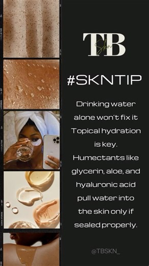 Premium Skincare & Feminine Care ✨ on Instagram: "Skin Tip You Didn’t Know You Were Missing 👀💧 Hydration doesn’t stick around on its own. Humectants (like glycerin, aloe, hyaluronic acid) pull water into the skin — but without an occlusive, that water evaporates. No seal = more dehydration, tightness, and breakouts.😳 How to properly seal hydration 👇🏽 💦 Apply humectants on damp skin 🧴 Follow with a moisturizer or balm to lock it in 🛡 Look for occlusives like shea butter, beeswax, squalane