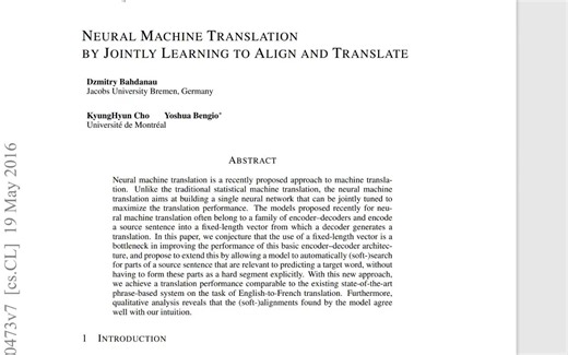 Neural Machine Translation by Jointly Learning to Align and Translate (2014)