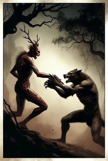 wendigo fighting with a werewolf