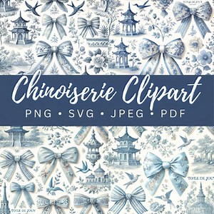 Chinoiserie Bows Clipart, Blue Bows PNG SVG Jpeg PDF, Toile Bow Clip Art Bundle