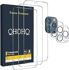 QHOHQ 3 Pack Screen Protector for iPhone 12 Pro Max 6.7" with 2 Pack Tempered Glass Camera Lens Protector, Ultra HD, 9H Hardness, Scratch Resistant, Easy Install - Case Friendly
