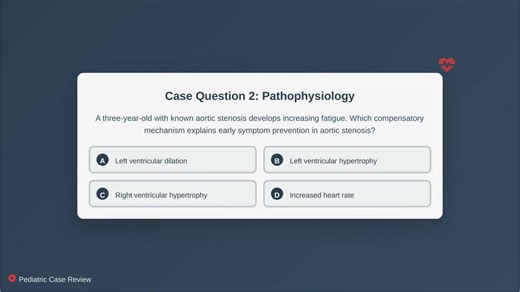 Welcome to Pediatric Case Review! In this lecture, we explore **Pediatric Aortic Stenosis**, covering its causes, clinical presentations, physical examination findings, diagnostic work-up, treatment options, and potential complications. Through engaging case-based multiple-choice questions, you’ll test your knowledge and deepen your understanding of this important congenital heart condition. This presentation was created using Slider AI, following an interactive question-and-answer format to hel