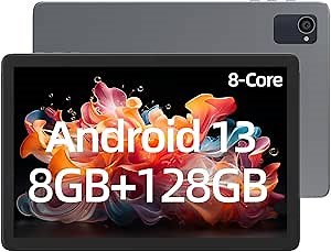 plimpton 10 inch Android 13 Tablet, Tablets with Octa-Core CPU, 8(4+4) GB RAM 128GB ROM, 1280x800 HD IPS Display, Wi-Fi 6, Dual Camera, 6000mAh Battery Powerful Performance Tablet – Space Gray