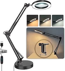 Magnifying Glass with Light and Stand, 2-in-1 Lighted Magnifying Glass 5X Magnifying Lamp, 3 Color Modes Stepless Dimmable Magnifier with Light and Stand & Clamp for Close Work (Adapter Not Included)