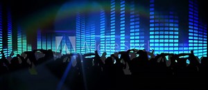 Animation of party text over light columns and people dancing Stock Video
