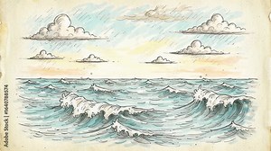 Abstract sketch style waves and clouds with flowing lines, light shading
