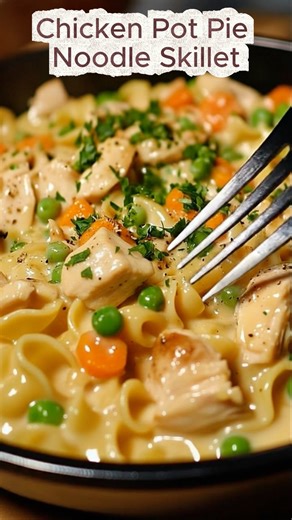 Chicken Pot Pie Noodle Skillet All the creamy comfort of chicken pot pie, made faster and easier in a skillet with tender egg noodles and a rich, veggie-packed sauce. Ingredients: 2 cups cooked shredded chicken 8 oz egg noodles 2 tablespoons butter 1 small onion, diced 2 cloves garlic, minced 1 1/2 cups frozen mixed vegetables 1 can (10.5 oz) cream of chicken soup 1/2 cup milk 1/2 teaspoon thyme Salt and pepper, to taste Instructions: Cook egg noodles according to package directions; drain and s