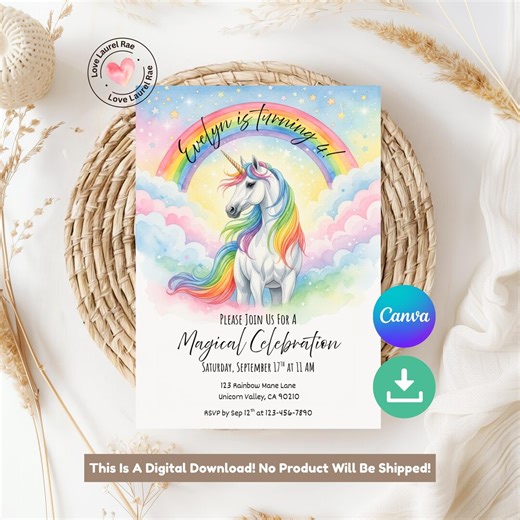 Rainbow Unicorn Birthday Party Invitation: Magical Celebration Girl Customizable Canva Editable Template Invite - Etsy