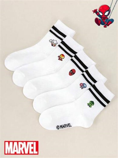 1/5 Pairs Marvel Superhero Socks Set, Including Spider-Man, And Thor Designs, Ruffle Socks, Black Striped Crew Socks, Girls & Boys Short Socks, Soft Breathable Low-Cut Ankle Socks, Non-Slip Casual Cartoon Pattern Socks | SHEIN