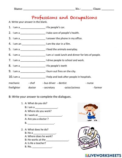 Professions and Occupations activity for Grade 7 to 9