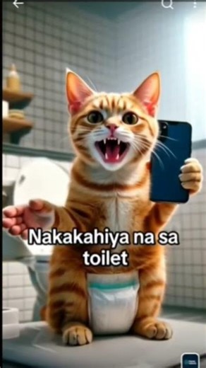 #Cute animated kitten laughing while holding a phone in the bathroom, cinematic lighting,
