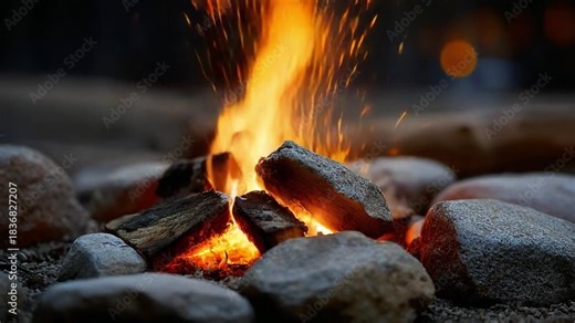 Campfire Scene: A captivating campfire scene where glowing flames dance around the logs, with sparks illuminate the night