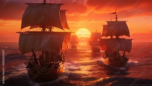 Fleet of tall ships sailing across the ocean during a vibrant sunset, adventure voyage, maritime travel.