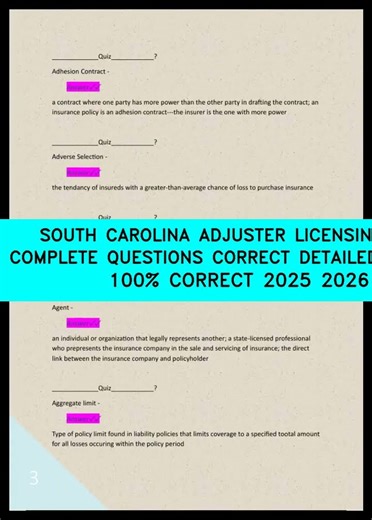 SOUTH CAROLINA ADJUSTER LICENSING EXAM COMPLETE QUESTIONS CORRECT DETAILED ANSWERS 100% CORRECT 20