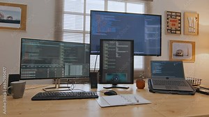 Full arc shot of desk of programmer or software engineer working remotely from home, large computer screens with coding software, laptop, notebook, keyboard, coffee mug and posters on walls