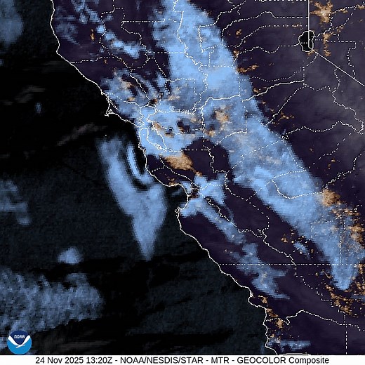 Satellite imagery showing low clouds across much of the inland valleys Monday morning. These clouds are forecast to dissipate through late morning or early afternoon giving way to mostly sunny conditions with temperatures reaching into the 60s. #CAwx #BayAreaWX | US National Weather Service San Francisco Bay Area/Monterey California