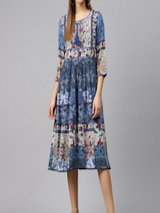 Buy Biba Blue & Grey Ethnic Motifs Printed A Line Dress - - Apparel for Women