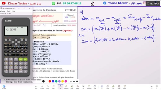 Exercice 8 – Question 1 : défaut de masse dans la réaction de fusion D–T (Deutérium–Tritium)، Dans cette vidéo, on résout l’exercice 8 – Question 1, qui porte sur le défaut de masse lors de la fusion nucléaire du deutérium (D) et du tritium (T). Vous apprendrez à : Écrire correctement l’équation de fusion D T → ⁴He n. Calculer le défaut de masse Δm entre les réactifs et les produits. Déterminer l’énergie libérée grâce à la relation E=Δmc² Comprendre l’importance de la fusion nucléaire et la conv