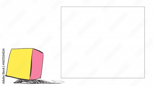 A colored 3D cube spins in the corner of the image. Opposite the figure, a frame for inserting text or other visual information is frozen.