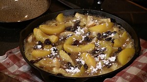 Easy Bread Pudding with Peaches and Raisins and a Bourbon Caramel Sauce on top | Tim Farmer's Country Kitchen