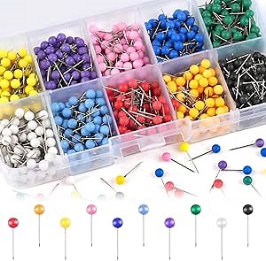 1000 Pcs Multi-Color Push Pins, Map Pins for Travel Map, 1/8" Small Map Tacks with Plastic Beads Head for Cork Board, World Map Pin Board, Bulletin Board, Fabric Marking, Craft, Office