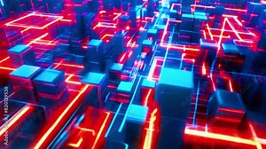 Visualize streams of data flowing like rivers across a circuit board landscape, moving through intricate pathways of chips and processors