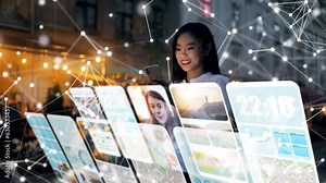 Incredibly beautiful Asian woman using an augmented reality phone to communicates via videocall, browse web pages, apps, and social networks. Wireless communication concept. global digital network