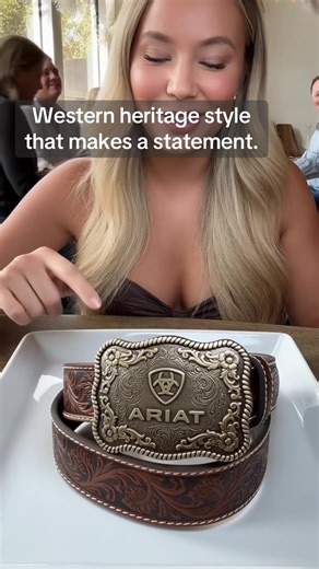 Classic Ariat tooled leather belt with bold engraved buckle, perfect match for jeans and cowboy boots #tiktokshop #ariat #westernbelt #leatherbelt #cowboystyle