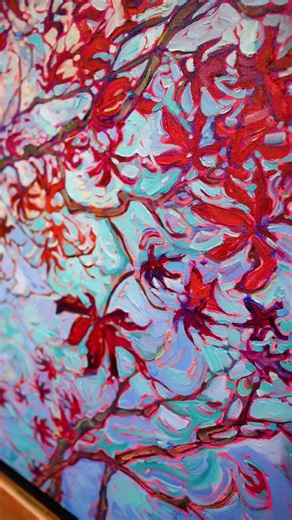 Maple on Blue Impressionist Landscape Oil Painting Close Up Examination of Brushwork