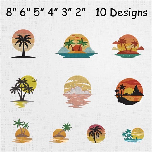 Sunset Palm Tree Embroidery Design Bundle - Beach Sunset Machine Embroidery Files - Tropical Summer Embroidery Pattern - 10 Designs - Etsy