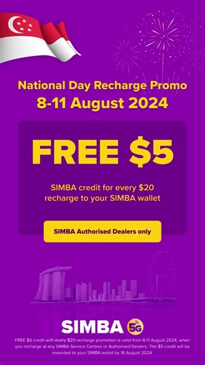SIMBA National Day Promo: Get $5 Bonus for Every $20 Recharge