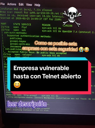 Buscando vulnerabilidades hacking web, y utilizando Nmap me encontré con más de 10 vulnerabilidades aparte de sus versiones absoletas, como va a tener Telnet abierto??? protoco que está en el olvido y estos la tienen abierto 💥, además con paneles de administración y un index con las cookies expuestas entre muchas más!! comenta si te gustaría un vídeo sobre esto!! #ciberseguridad #blackhat #informatica #Hacking #kalilinux