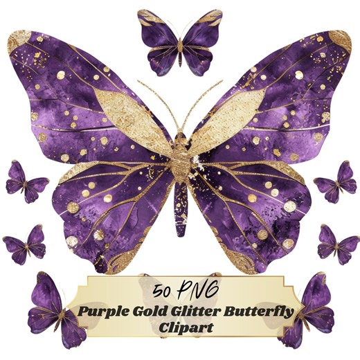 50 Purple Gold Glitter Butterfly Clipart PNG – Transparent Background – Commercial Use Cricut Sublimation Scrapbook - Etsy